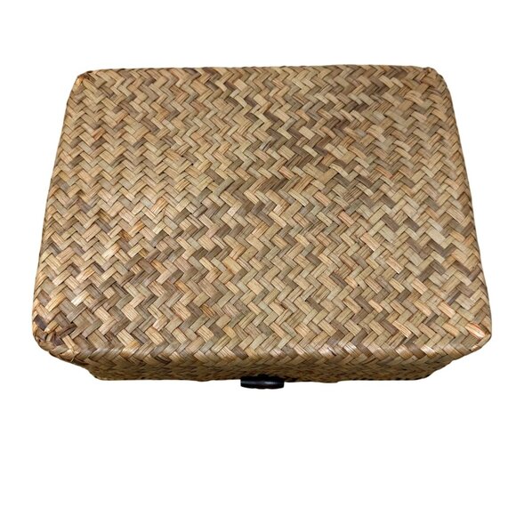 Handwoven Wicker Basket Lid Compartments Entryway Organization Boho Rustic Tea - Picture 2 of 9